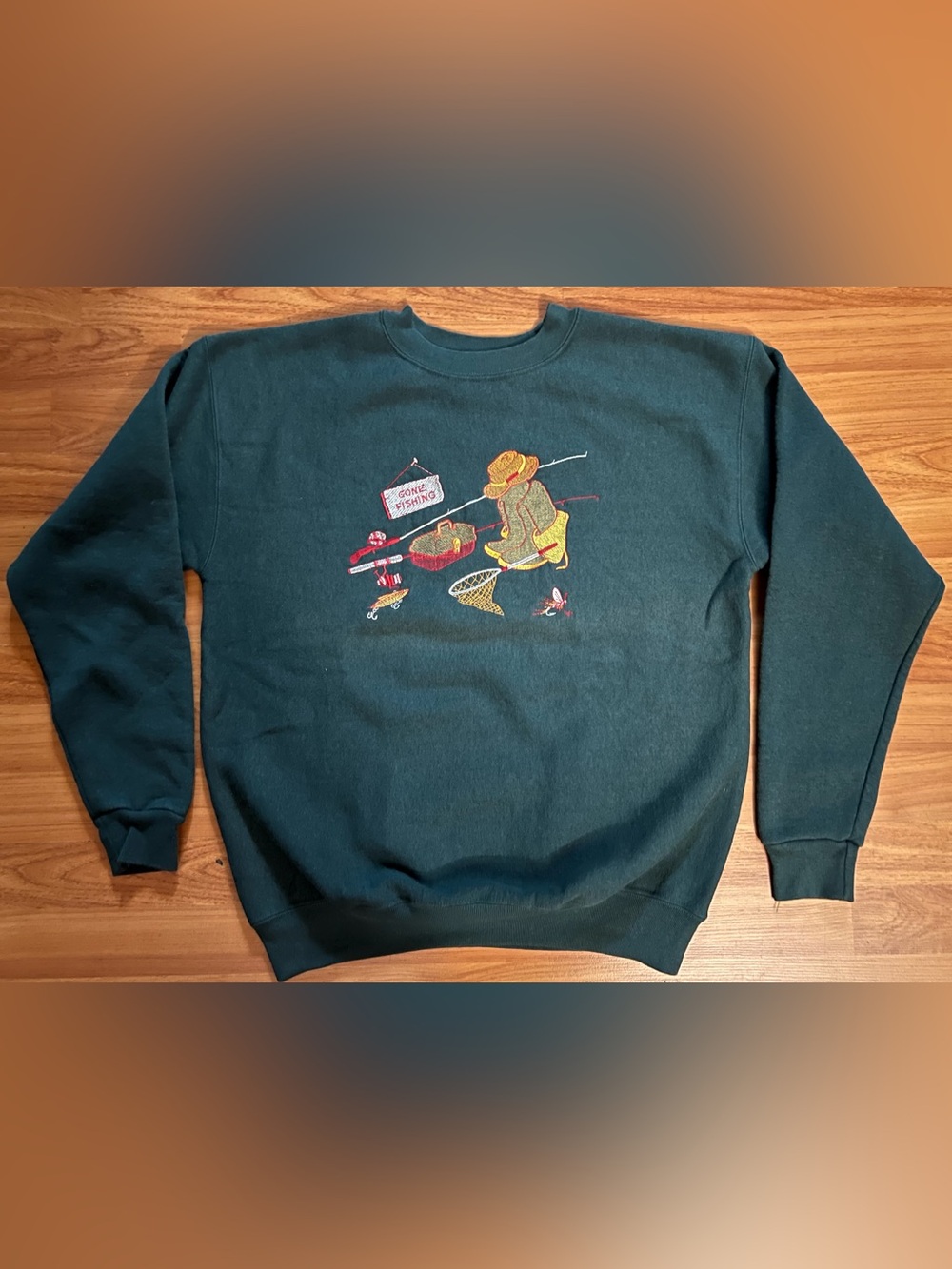 Bwear Dark Teal Fishing Crewneck Sweatshirt with Embroidered Scene